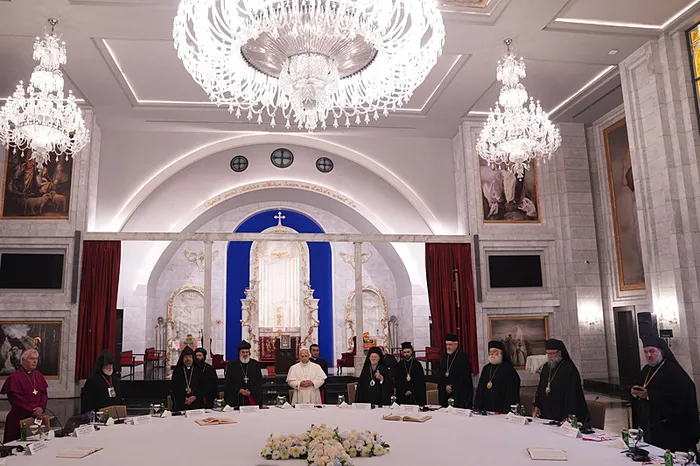 Pope Leo XIV attending an ecumenical meeting with church leaders at Mor Efrem Syriac Orthodox Church in Istanbul.