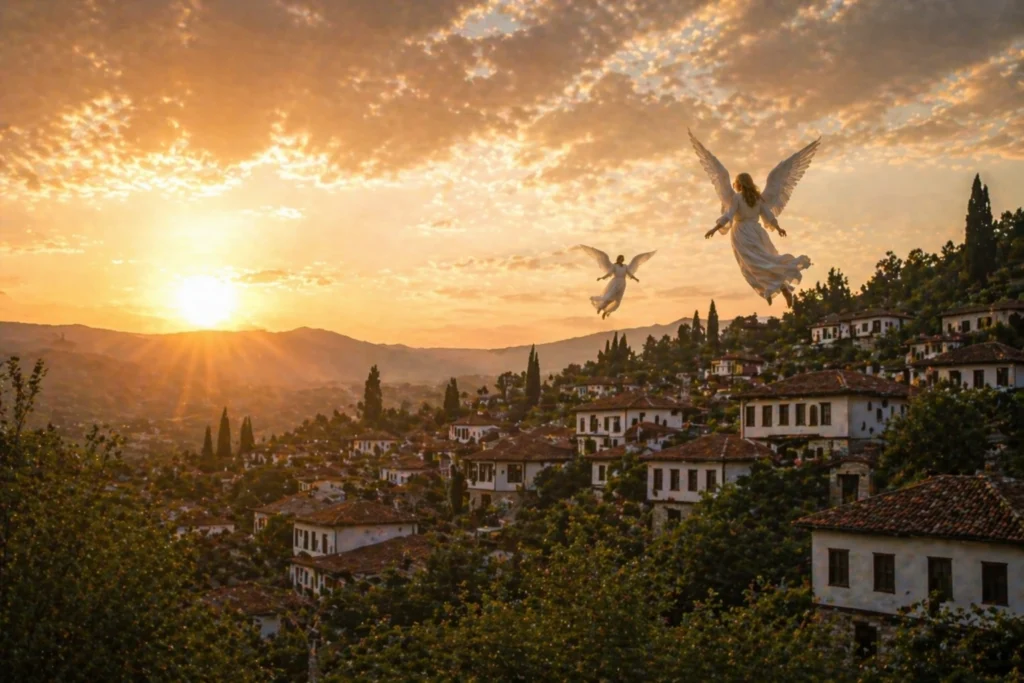 Angels flying above Sirince village at sunset near the House of Virgin Mary