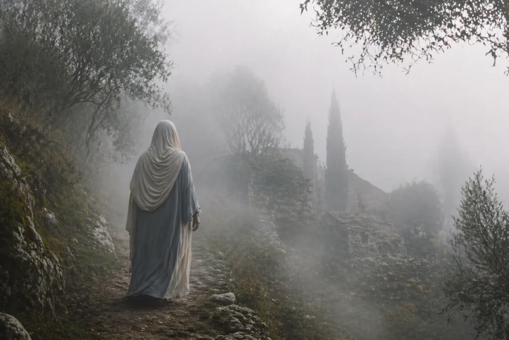 Virgin Mary walking through divine mist protecting her home in Ephesus
