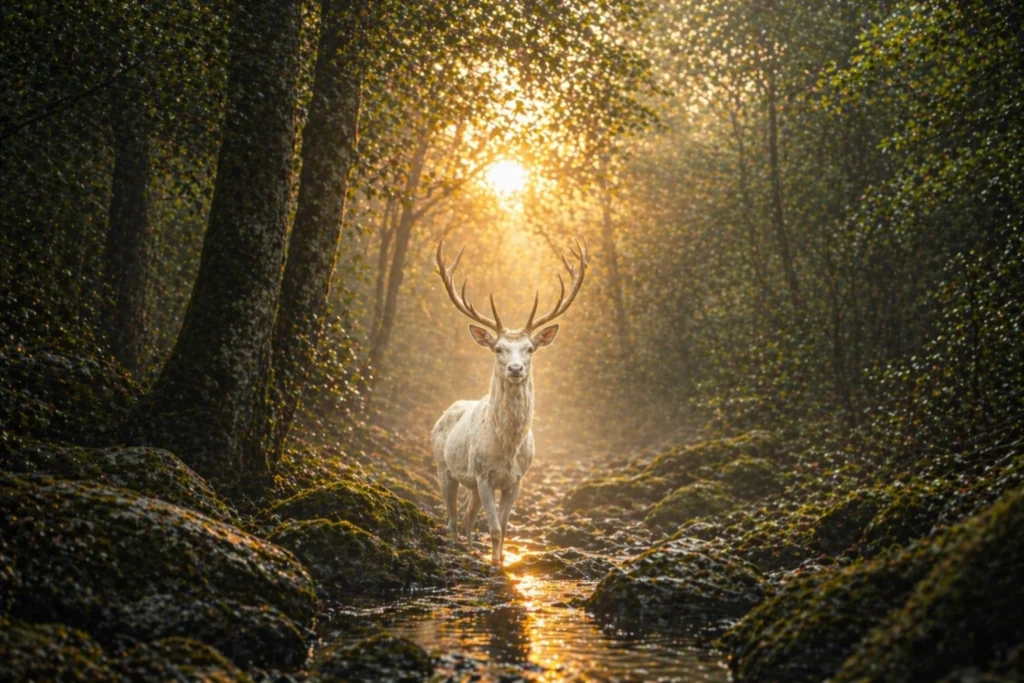 White deer in forest near sacred spring at the House of Virgin Mary Ephesus