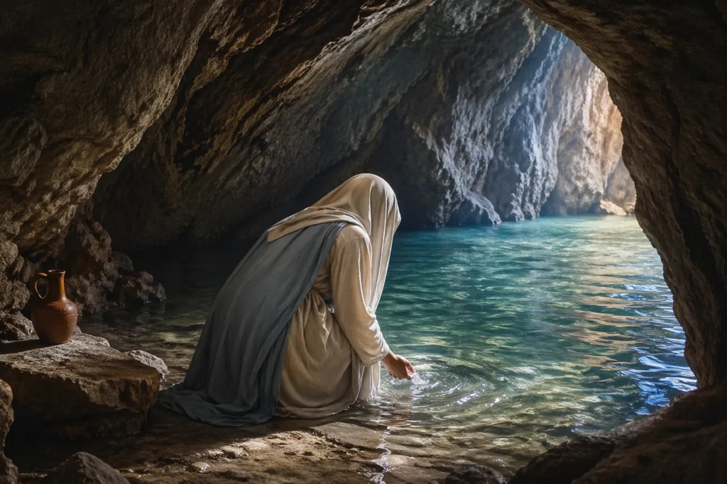 Virgin Mary washing hands near sacred water in the Cave of Zeus Ephesus