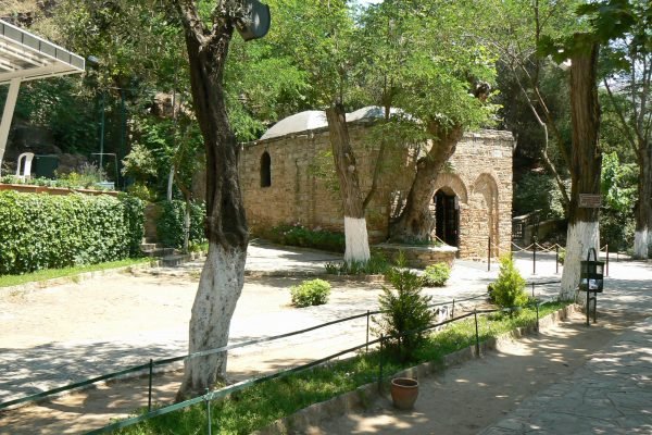 Path leading to the Virgin Mary House surrounded by pine and olive trees